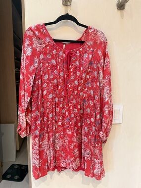 Free People Red Floral Peasant Tunic Dress